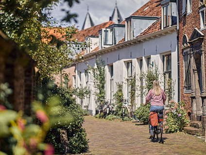 Vrouw op een fiets die langs huizen in een straat fietst