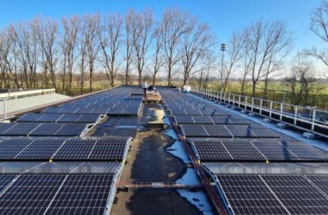 Meerdere zonnepanelen op een dak van Wattnu in Naarden