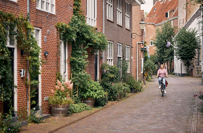 Vrouw die door een woonwijk fietst langs een rij huizen met groene struiken
