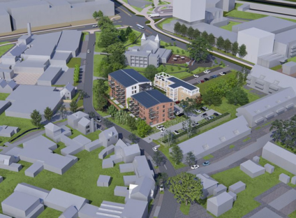 Transformatiefaciliteit Stork Hengelo waar je een render van een luchtfoto van een woonwijk ziet