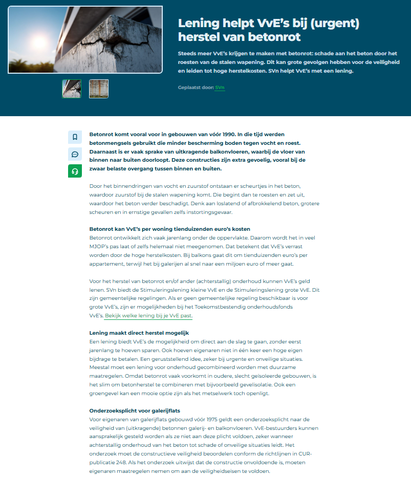 Publicatie Voor Appartement En Eigenaar Over Herstel Van Betonrot Voor Vve's