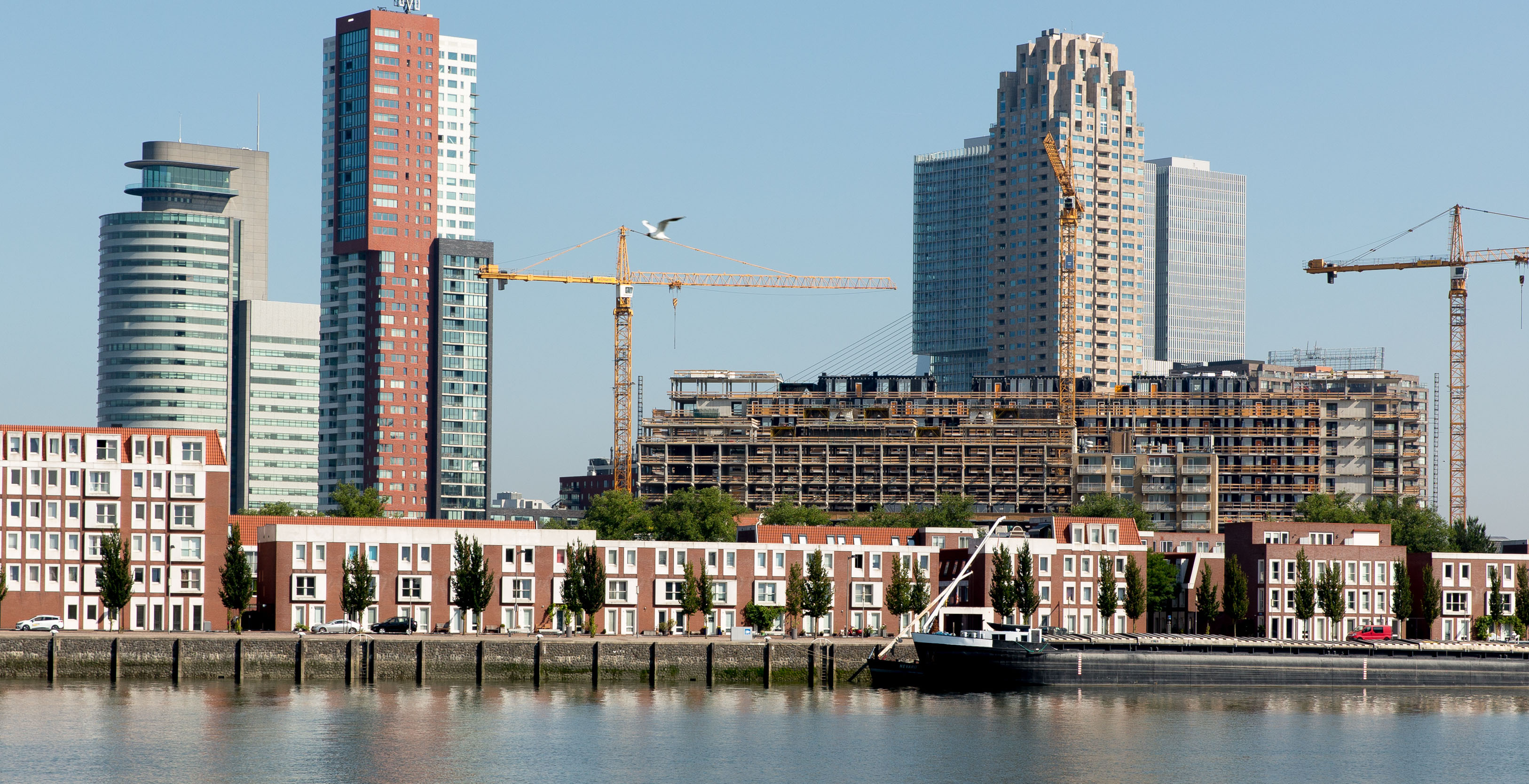 Uitzicht over Katendrecht Maashavenkade in Rotterdam met een blauwe lucht