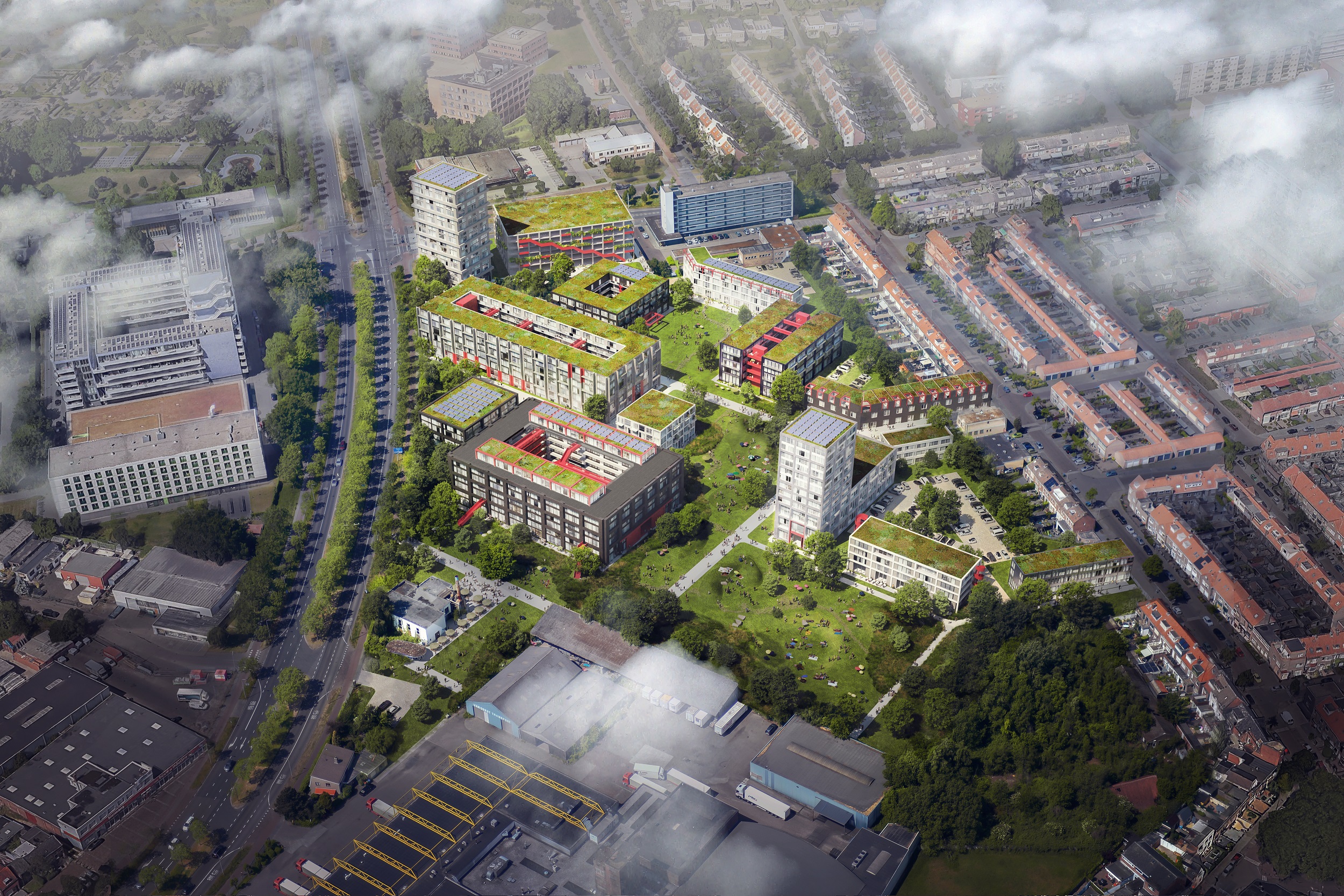 Bovenaanzicht van de impressie van het nieuw ontwikkelde gebied van de oude Nibb It fabriek Transformatiefaciliteit